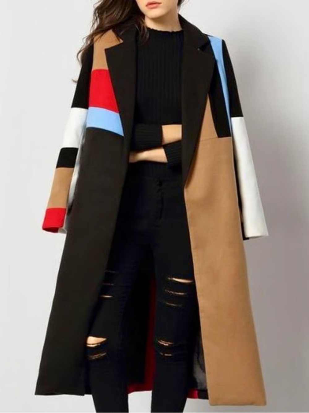 Colorblock Long Coat in Black, Camel, Red & Blue